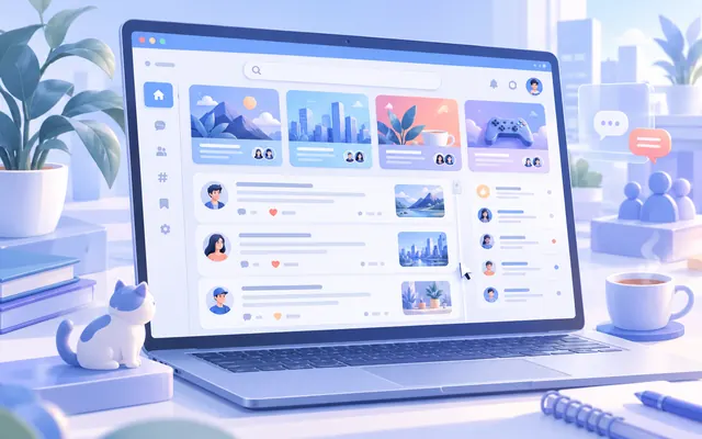 桌面浏览器中的社区话题与搜索界面概念图